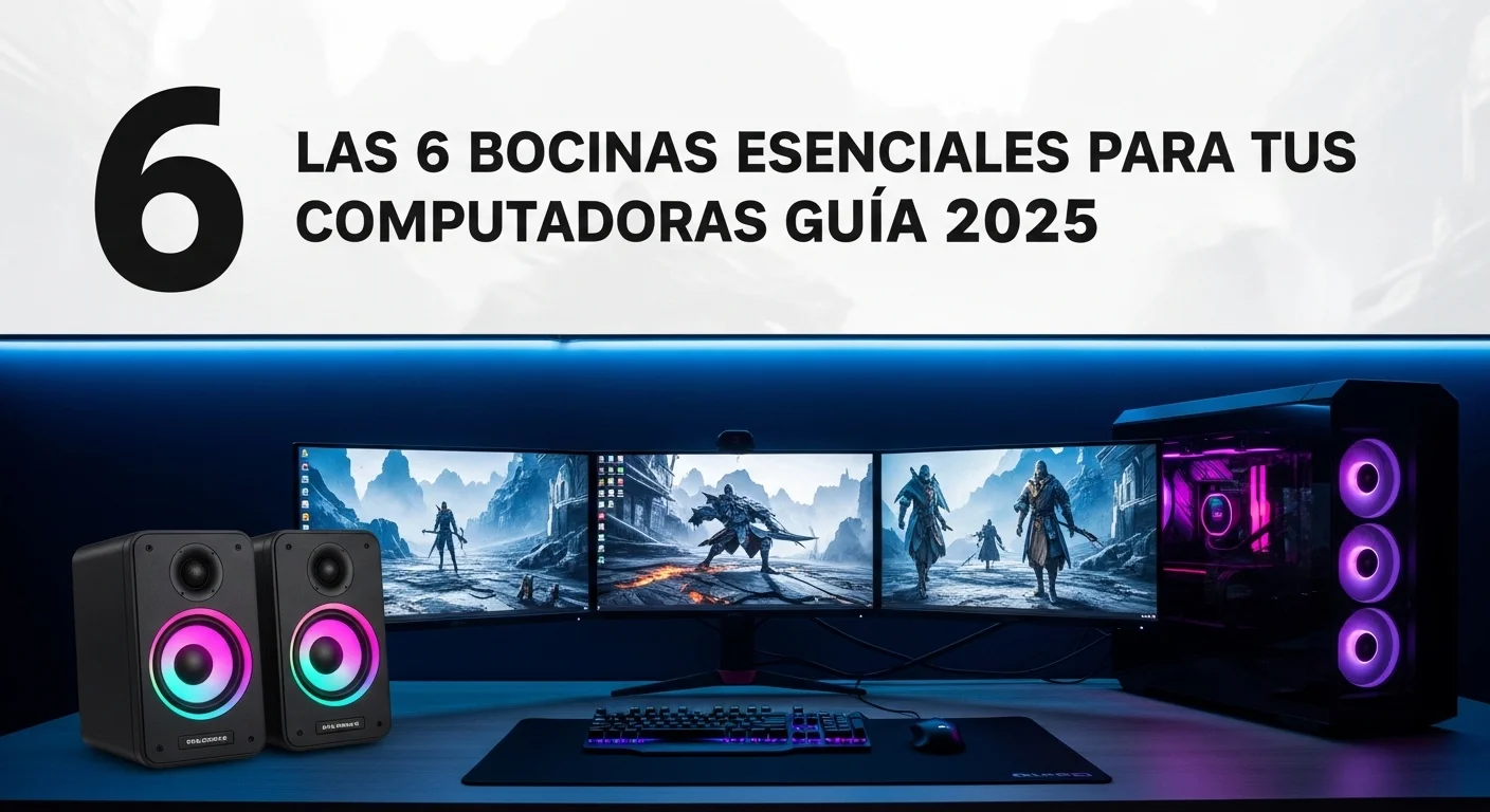 Moderno setup de computadoras para gaming con un par de bocinas de 6 pulgadas iluminadas con RGB y múltiples monitores.