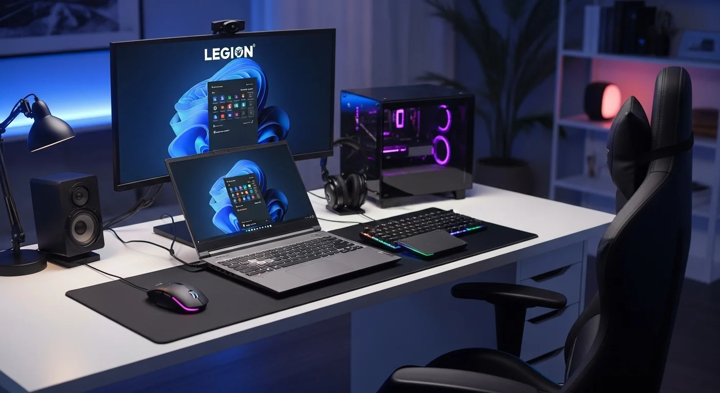 Un completo setup de oficina y gaming con una laptop Lenovo Legion, monitor externo y accesorios, destacando su versatilidad.
