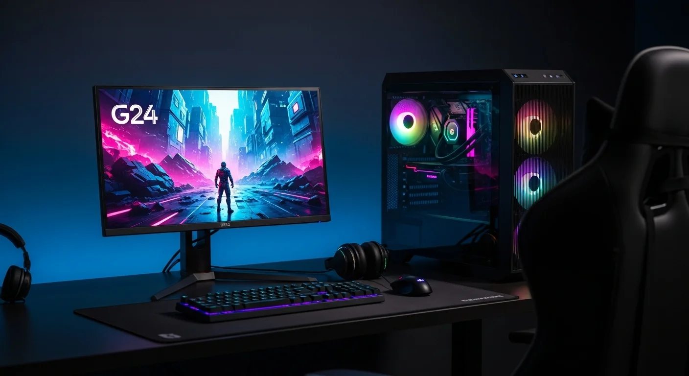 Escritorio de computadora gamer con un monitor G24 iluminado con luces RGB, mostrando la inmersión en el juego.