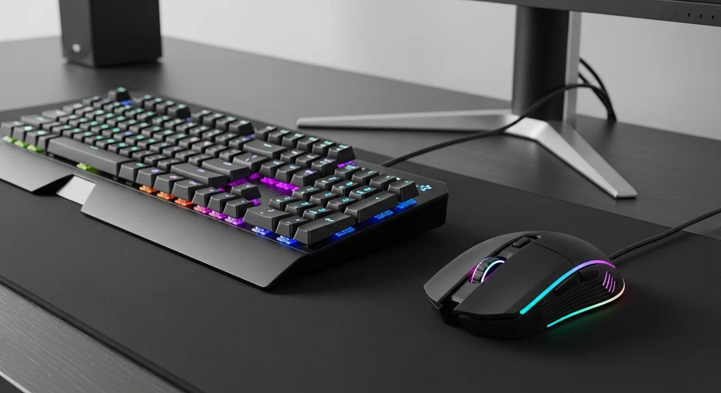 Escritorio de un gamer profesional con un teclado mecánico y un mouse para drag click iluminado con luces RGB.