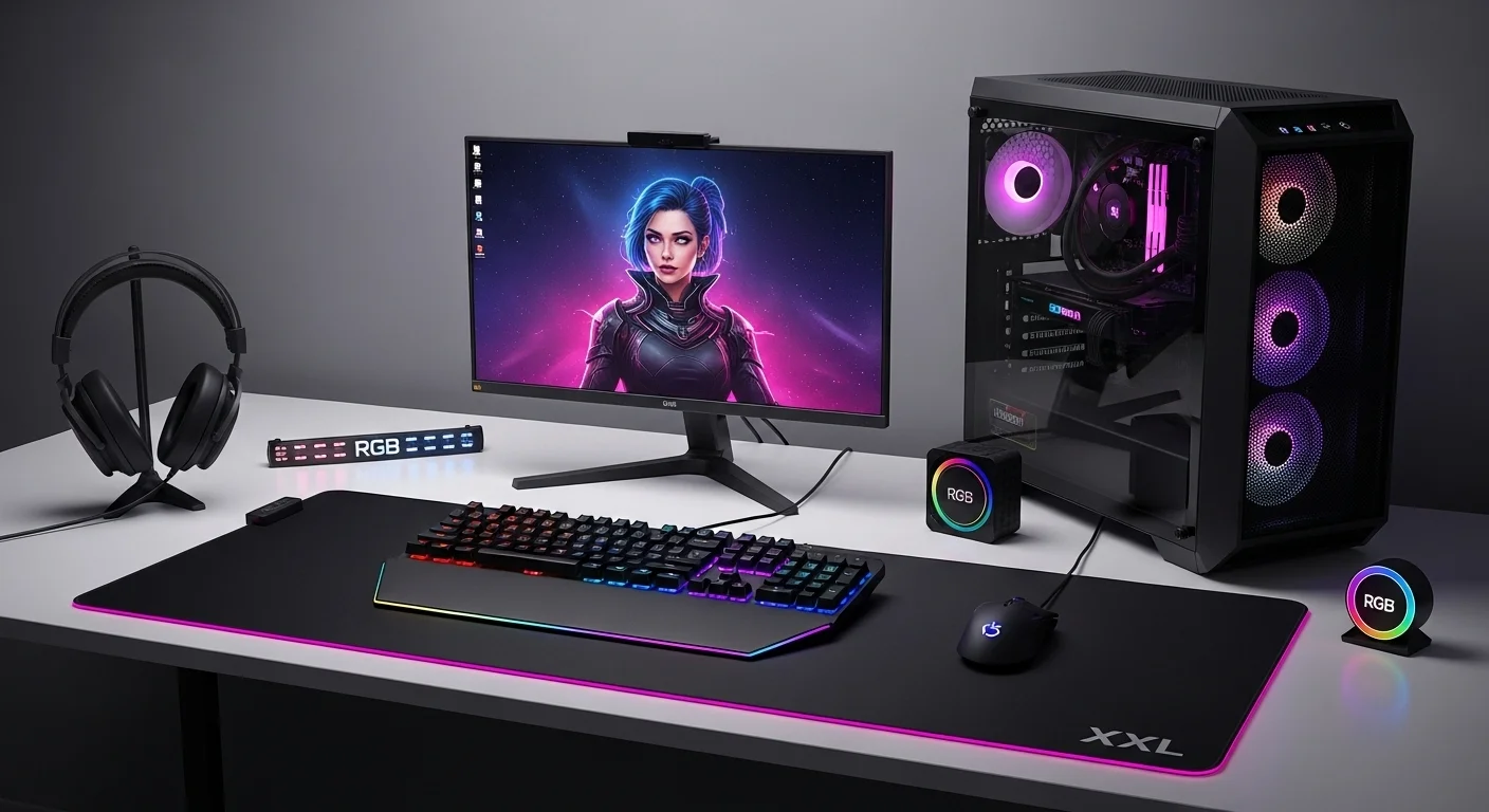 Un setup de computadoras de un gamer profesional con un teclado iluminado sobre un mousepad xxl que cubre gran parte del escritorio.