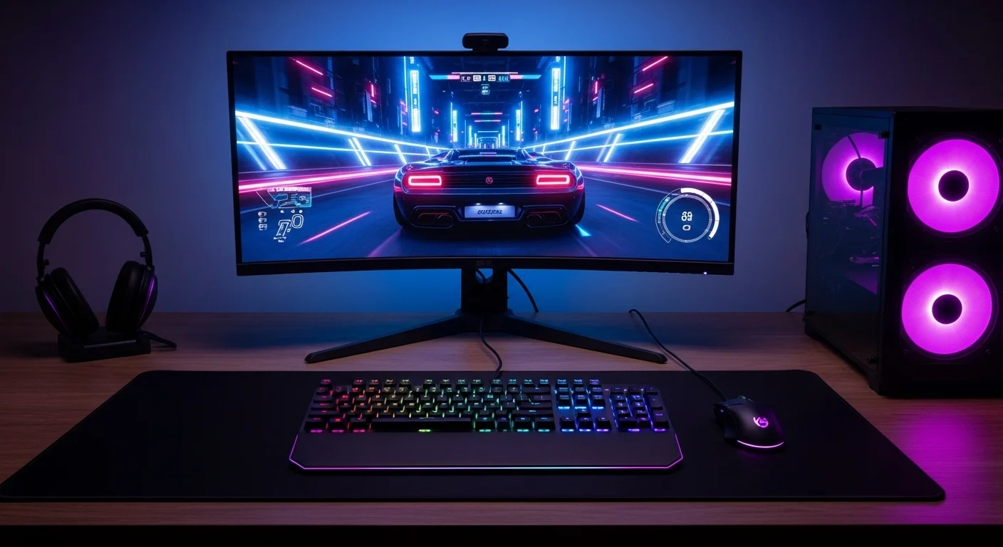 Un moderno setup gamer inalámbrico con un teclado y mouse RGB sobre una alfombrilla grande, frente a un monitor de computadora curvo iluminado.