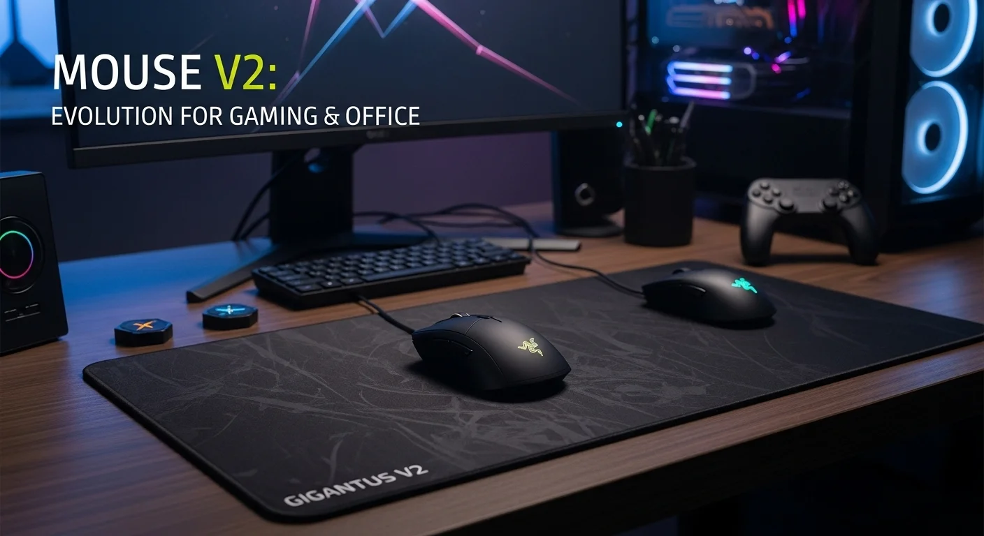 Escritorio gamer de alta tecnología con computadora y accesorios de la línea Mouse V2, destacando un Razer Orochi V2 sobre un mouse pad Gigantus V2.