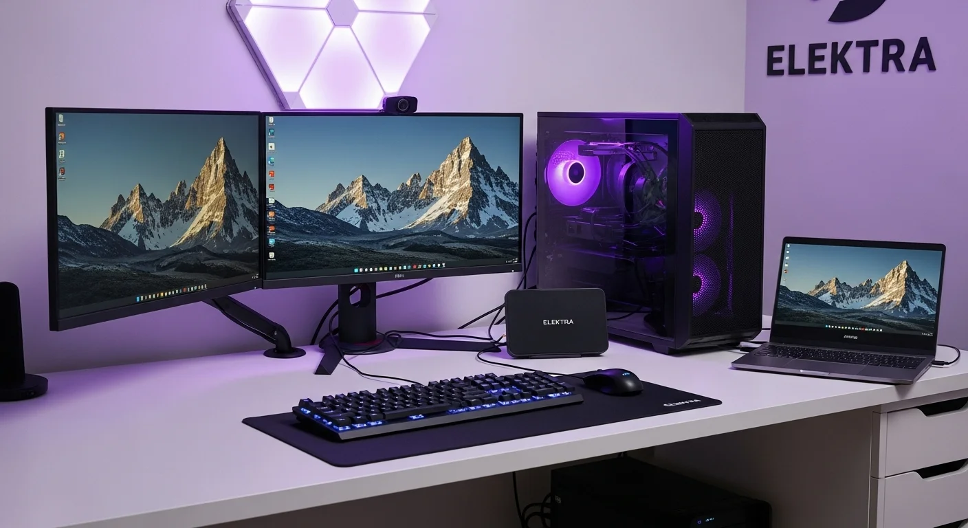 Un moderno escritorio de trabajo con una potente computadora, dos monitores, teclado iluminado y una laptop, representando la compra de tecnología en Elektra.