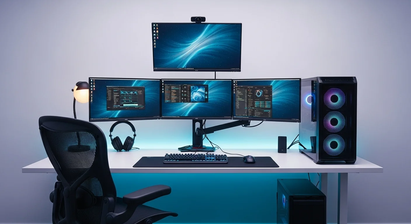 Escritorio moderno con una configuración de computadoras de alto rendimiento y múltiples pantallas
