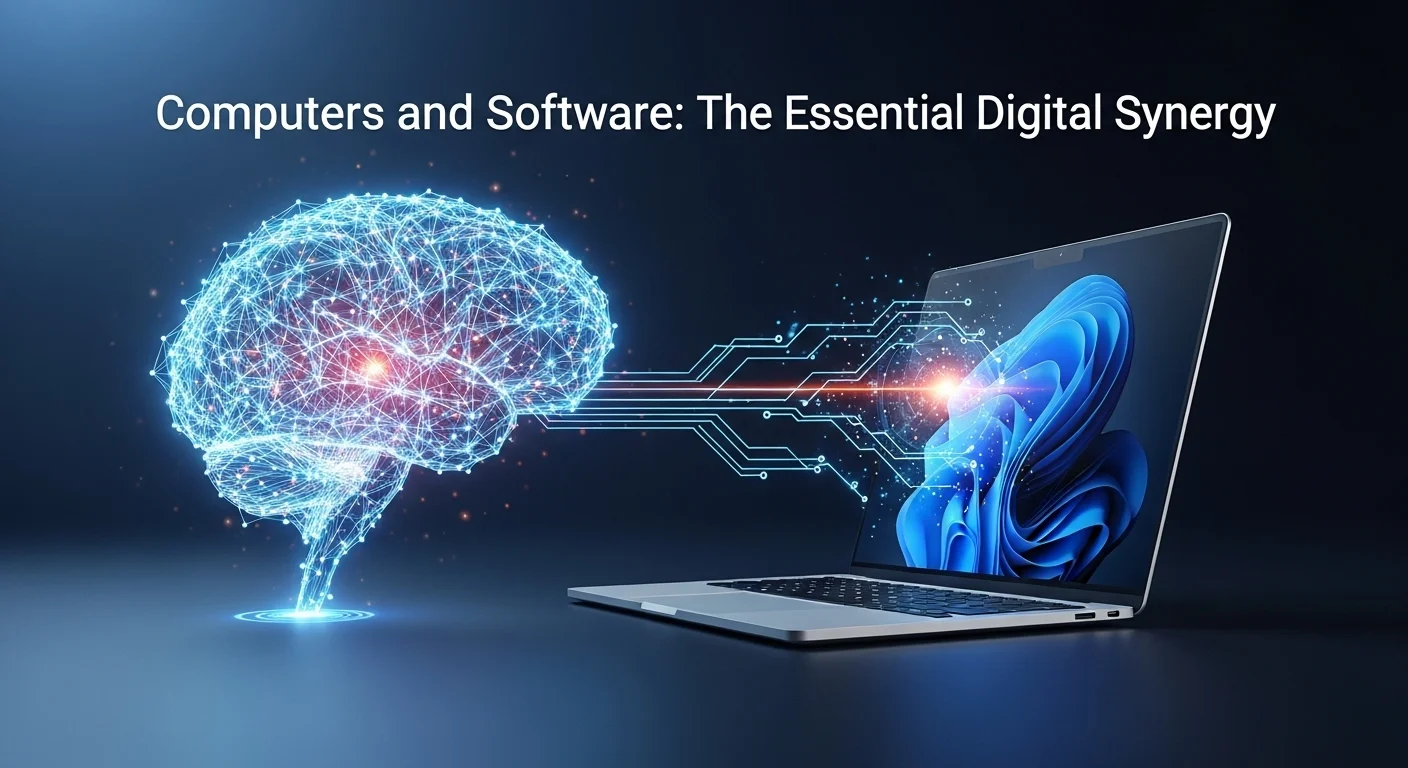 Una imagen conceptual que muestra un cerebro digital iluminado conectándose a una computadora portátil, simbolizando la sinergia entre el software y el hardware.