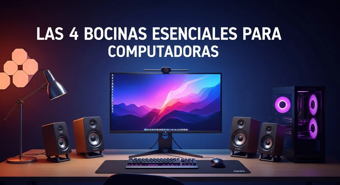 Escritorio moderno con una configuración de 4 bocinas alrededor de un monitor de computadora, mostrando un ambiente de trabajo y entretenimiento de alta tecnología.