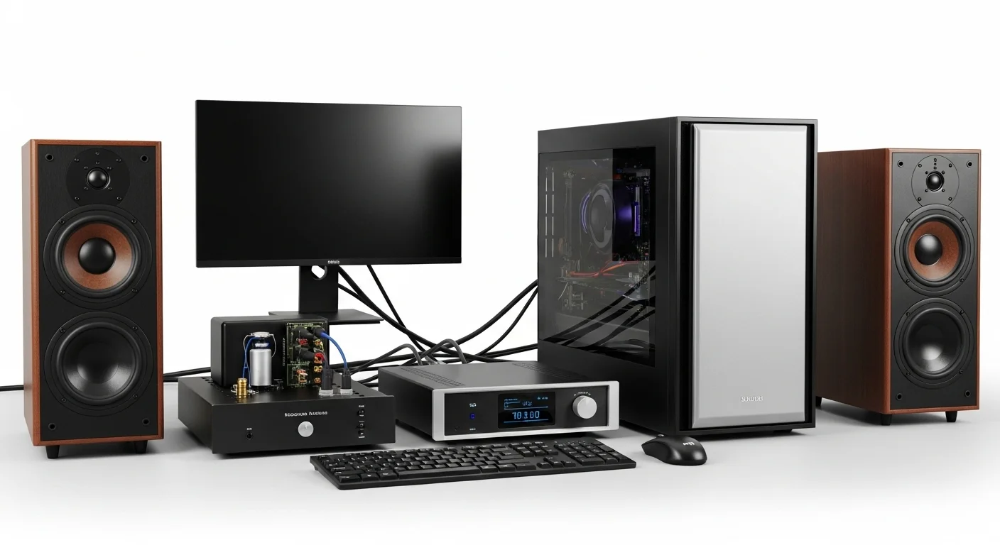 Configuración de audio de alta fidelidad con una computadora de escritorio, un amplificador dedicado y un par de bocinas pasivas de estantería en un entorno moderno.