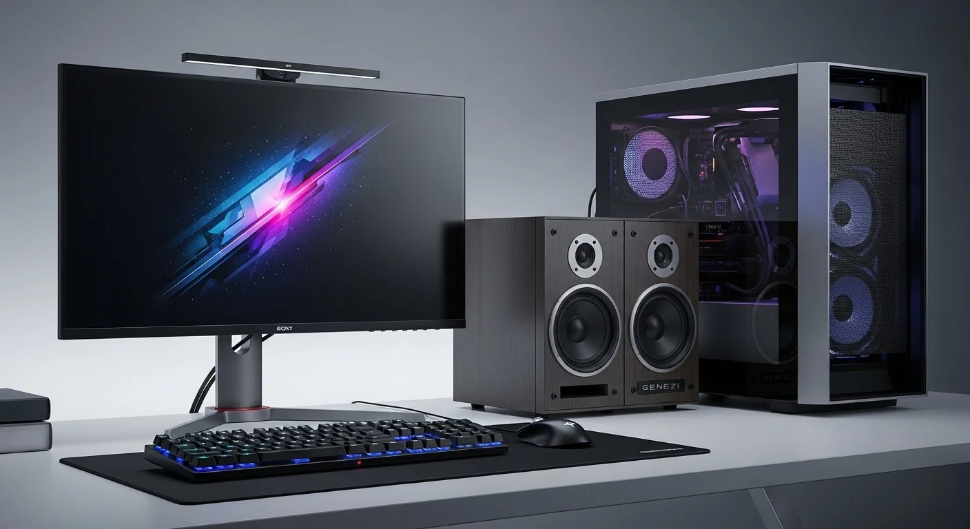 Un moderno setup de computadora con un monitor grande, teclado RGB y a los lados, un potente equipo de sonido vintage Sony Genezi con sus bocinas.