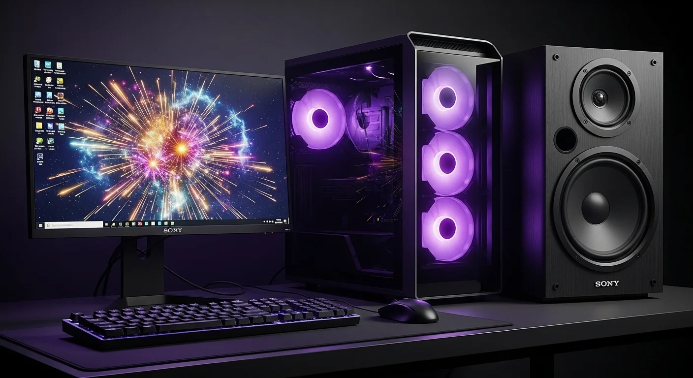 Un moderno escritorio con una computadora potente, iluminado con LEDs, flanqueado por una bocina sony grande que muestra la integración perfecta de audio y tecnología.