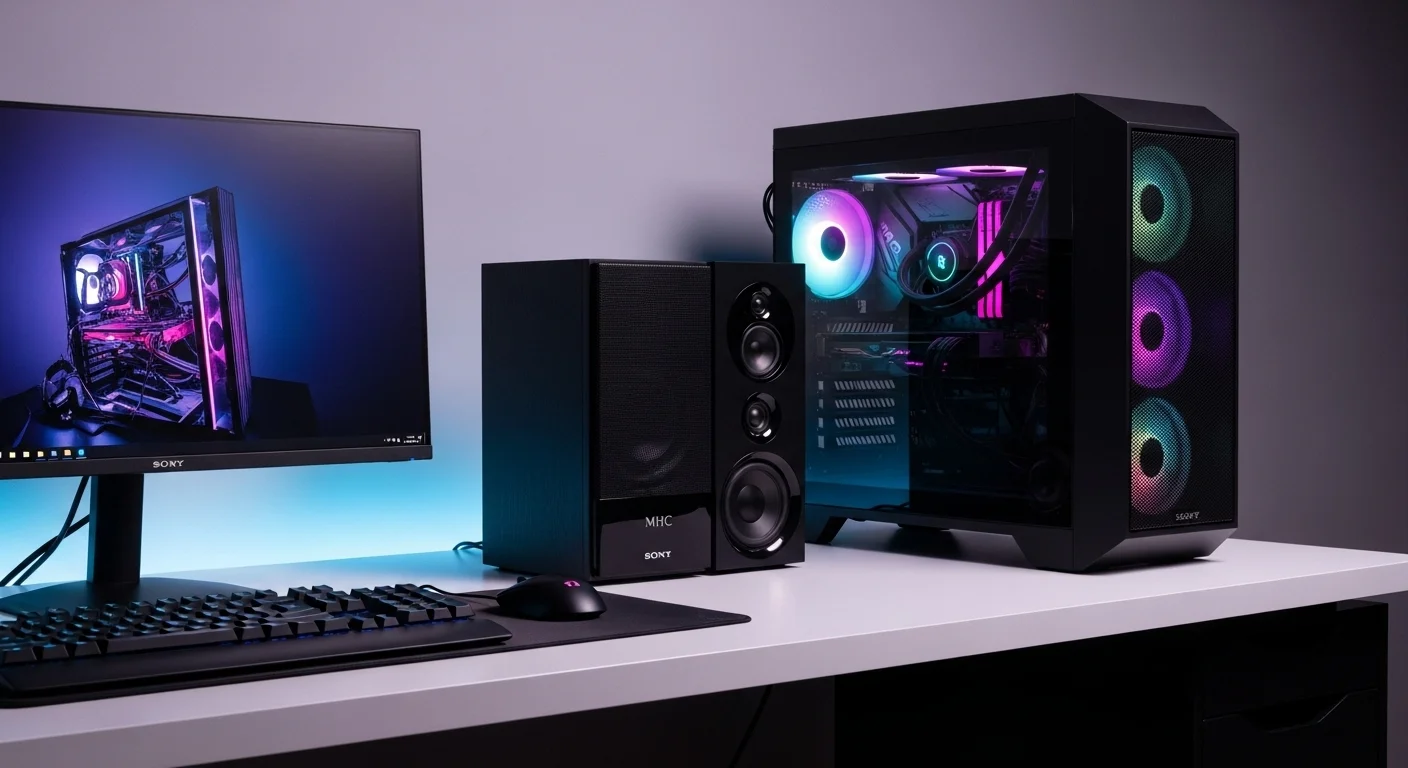Sistema de audio Sony MHC conectado a una configuración de computadoras de alto rendimiento.