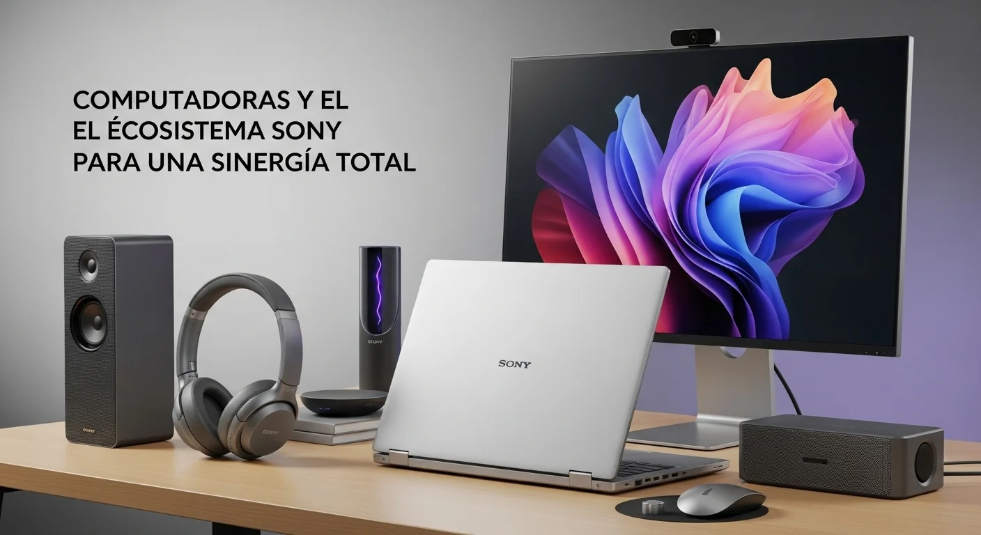 Un escritorio moderno con una computadora mostrando el logo de Sony, rodeado por productos del ecosistema Sony como auriculares, una bocina y un monitor.
