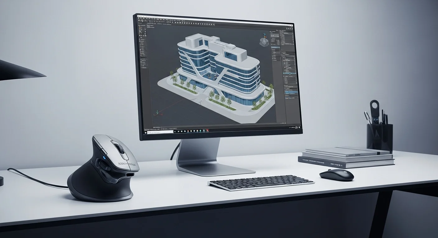 Un Spacemouse de 3Dconnexion en un escritorio de diseño junto a una computadora mostrando un modelo CAD 3D