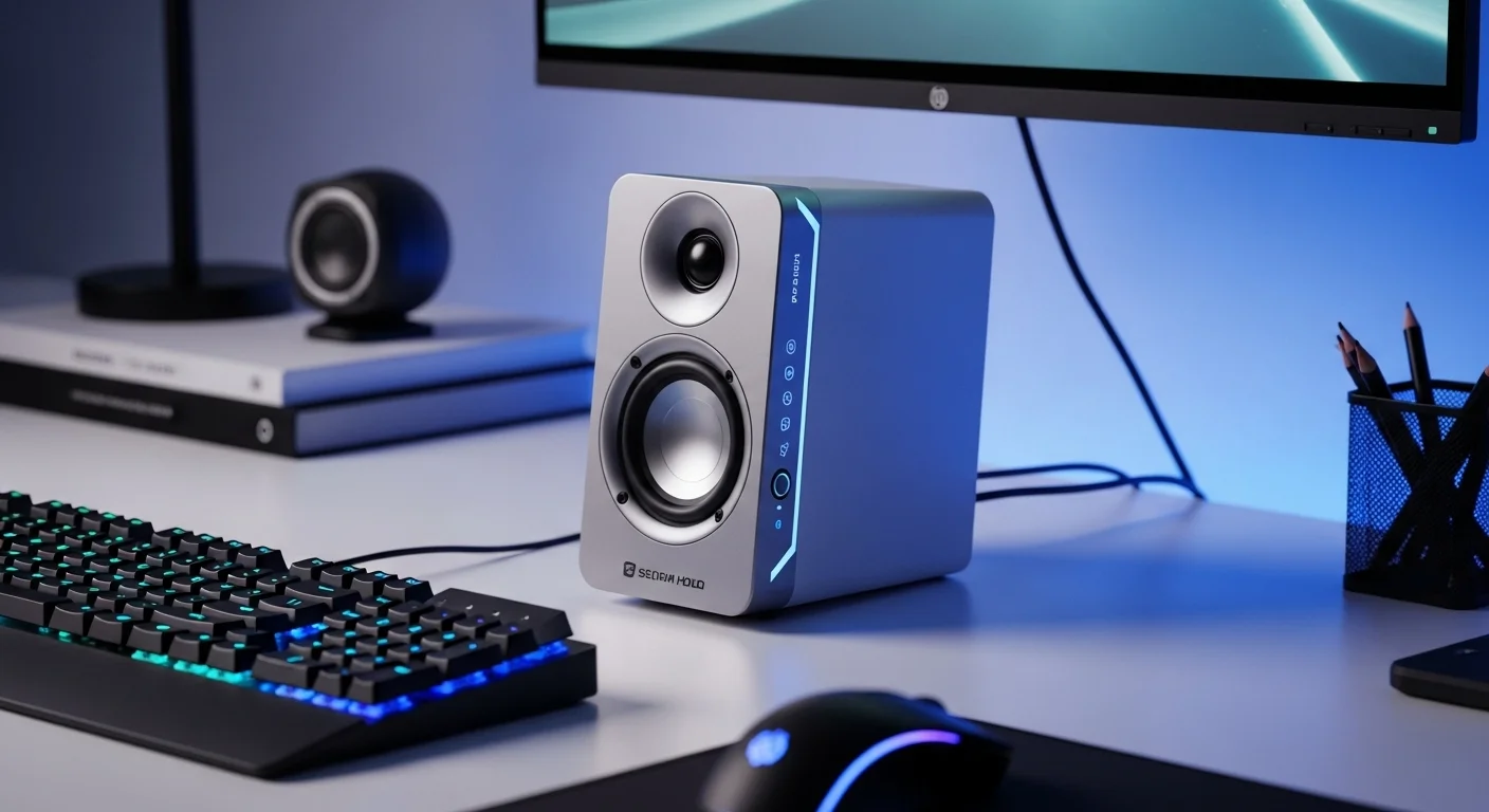 Moderno speaker para computadoras en un escritorio de oficina con accesorios de tecnología