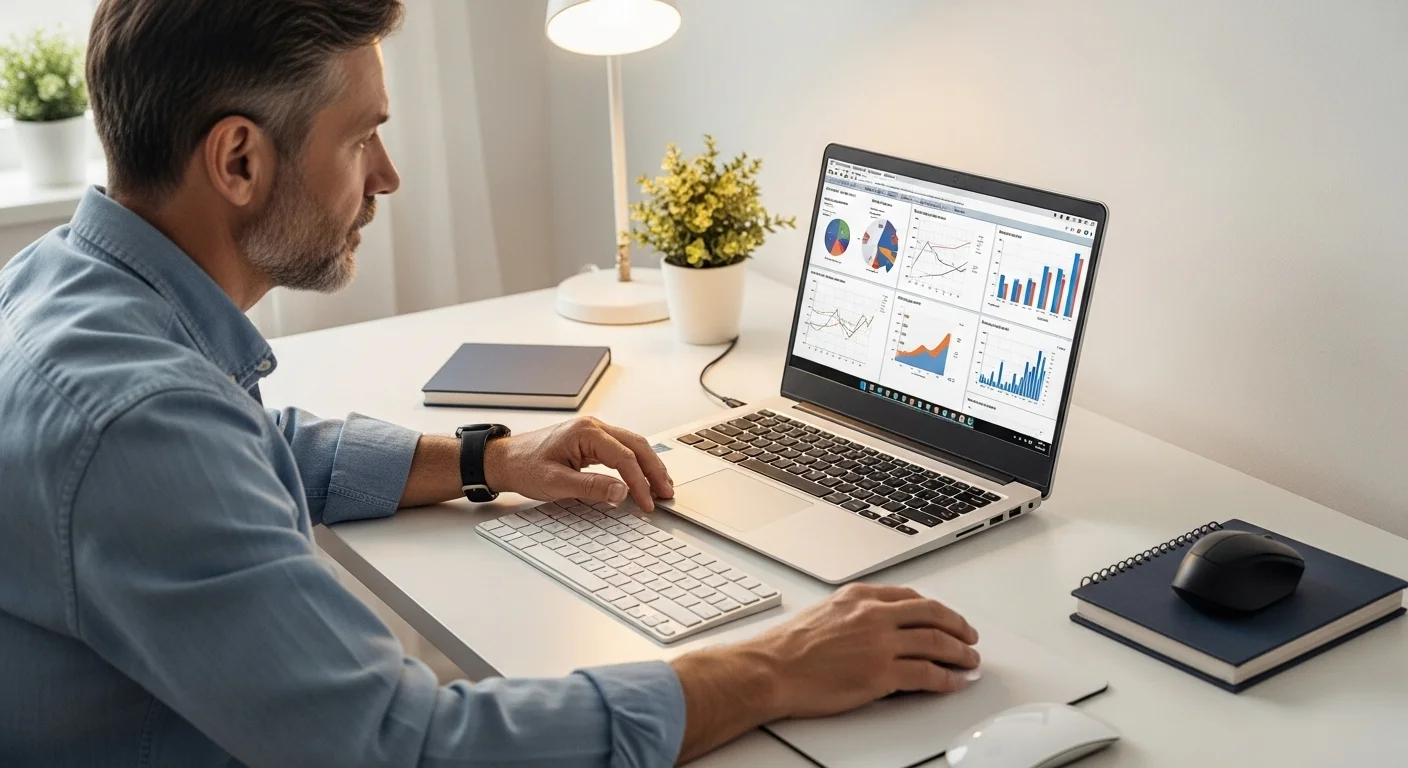 Una persona analizando gráficos estadísticos de SPSS en la pantalla de una computadora portátil de alto rendimiento, con accesorios de oficina al fondo.