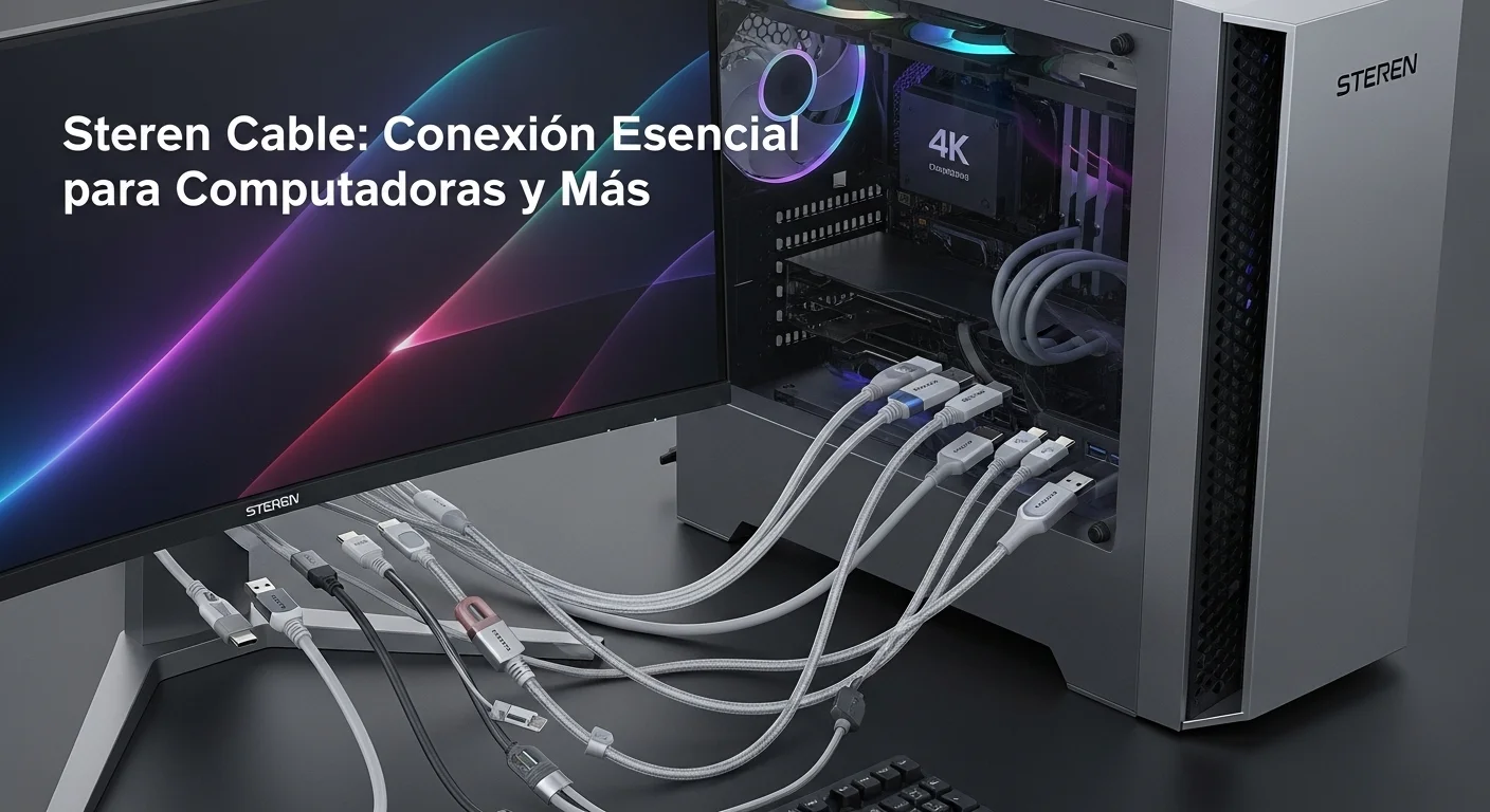 Cables Steren de varios tipos conectados a los puertos de una computadora de escritorio y un monitor, mostrando la diversidad de conexiones.