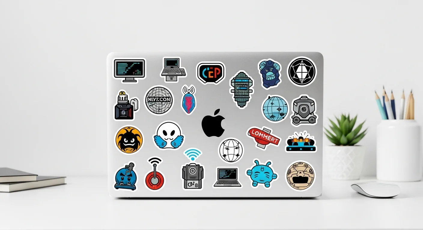 Una laptop moderna cubierta con una variedad de stickers de tecnología, programación y cultura pop, sobre un escritorio de trabajo.