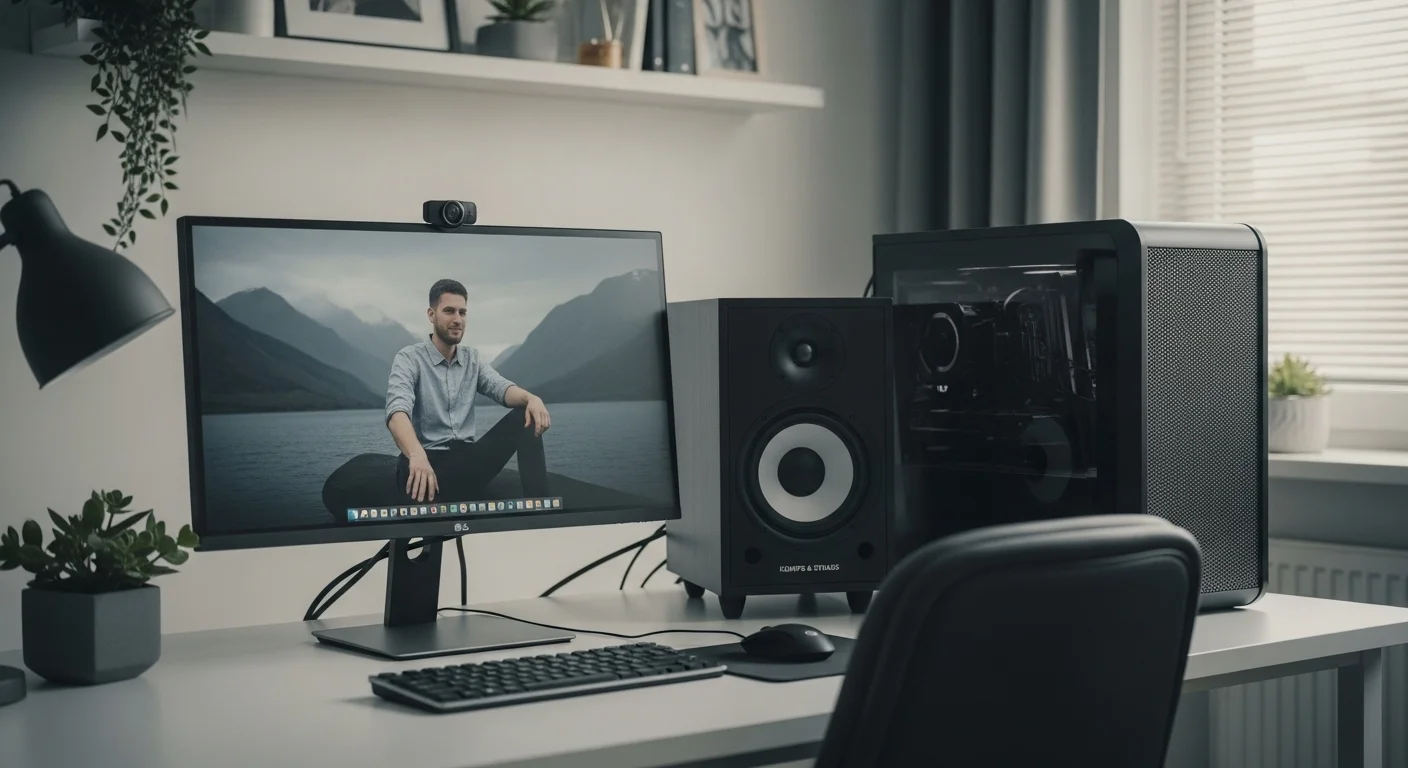 Un moderno setup de oficina con computadoras de alto rendimiento y una bocina kempler & strauss power boom 15 conectada, mostrando un entorno de trabajo tecnológico y profesional.