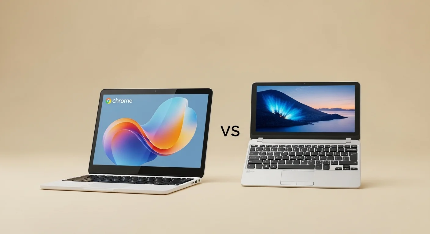 Un moderno y delgado Chromebook al lado de una netbook clásica, mostrando la evolución del diseño, la delgadez de la pantalla y el teclado, simbolizando el futuro de las computadoras portátiles.