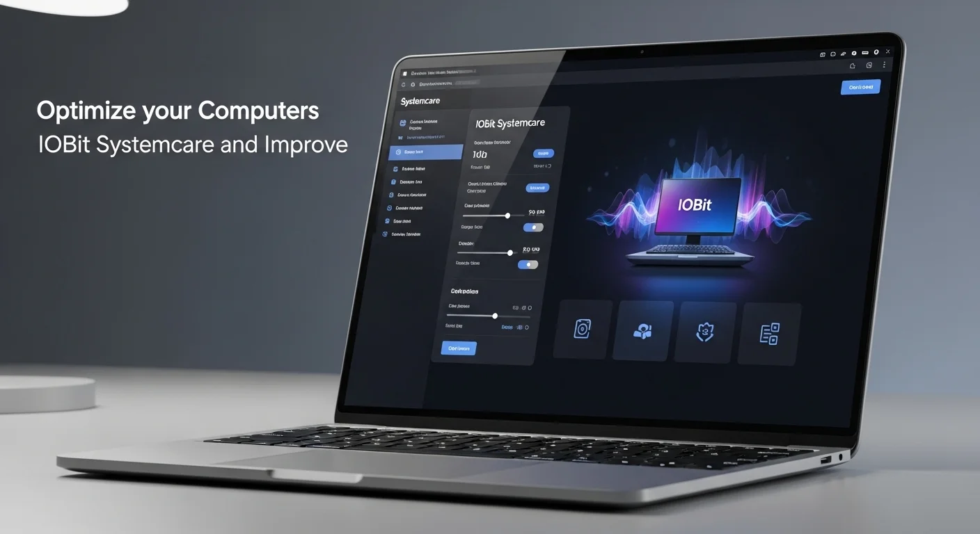 Interfaz de Systemcare en la pantalla de una laptop moderna, mostrando gráficos de optimización de computadoras y tecnología.