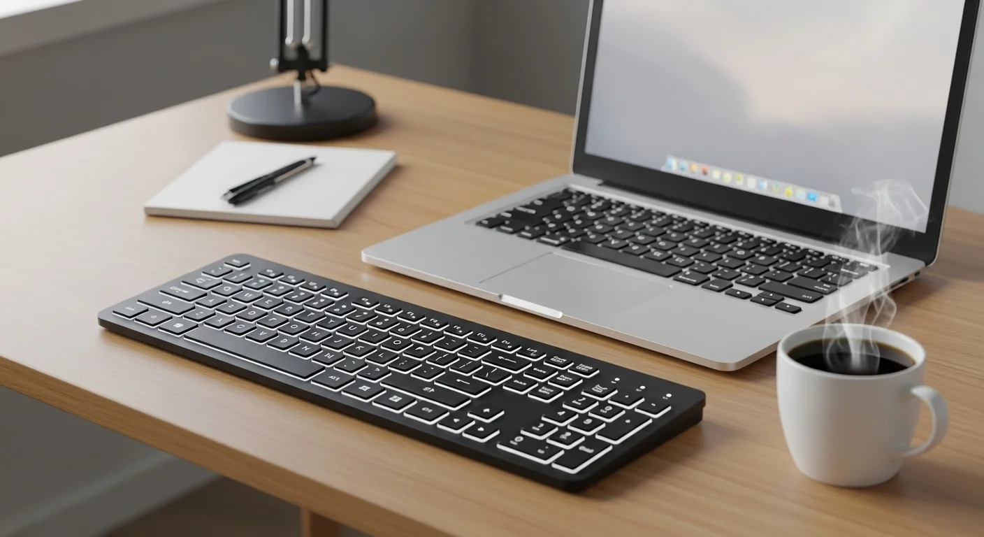 Un moderno teclado inalámbrico sobre un escritorio de madera junto a una computadora portátil y una taza de café, representando un espacio de trabajo limpio