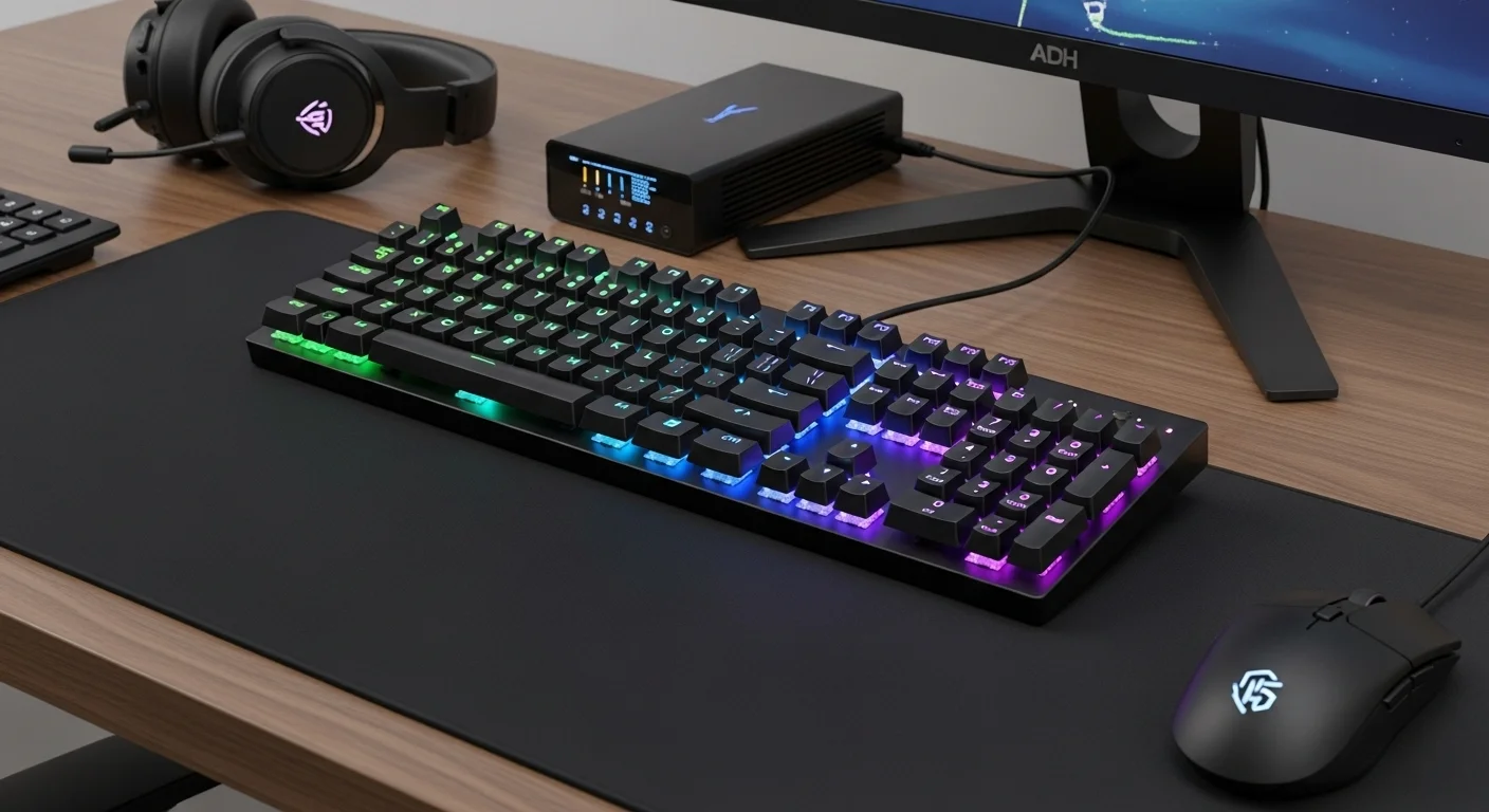 Un teclado PC mecánico con iluminación RGB sobre un escritorio moderno junto a otros accesorios de computadoras.
