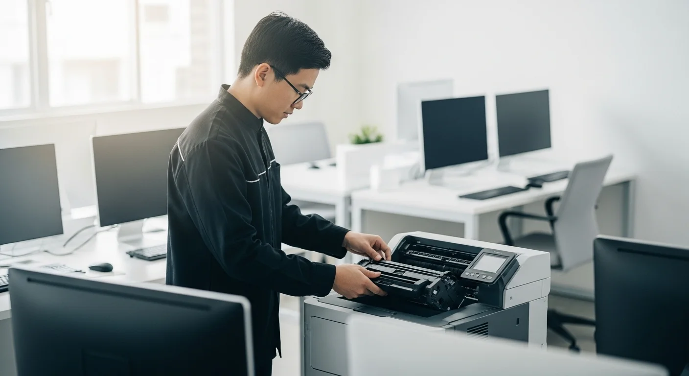 Un técnico especialista realizando el mantenimiento de una impresora color, cambiando un cartucho de tóner en una oficina llena de computadoras.
