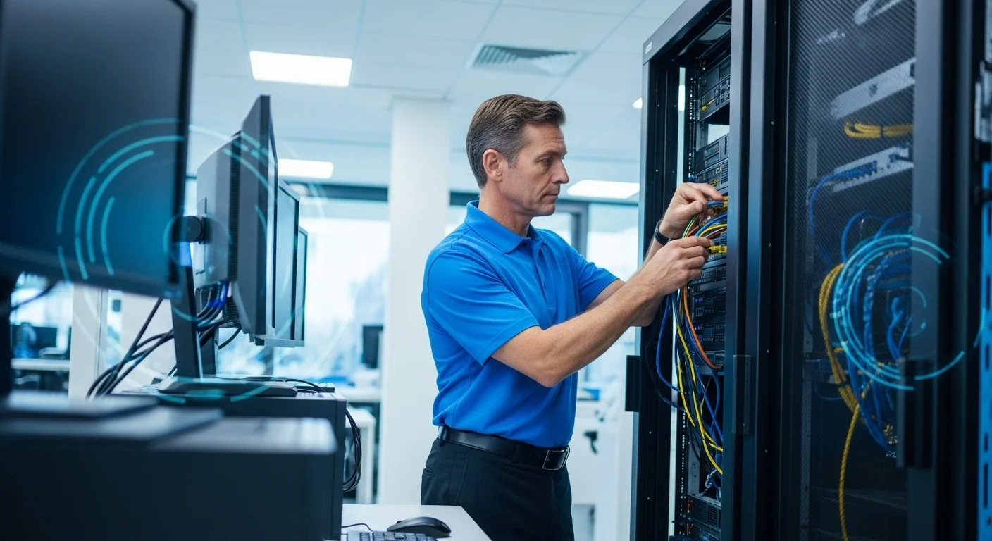 Técnico especialista en redes revisando la conexión de un rack de servidores y computadoras en una oficina.