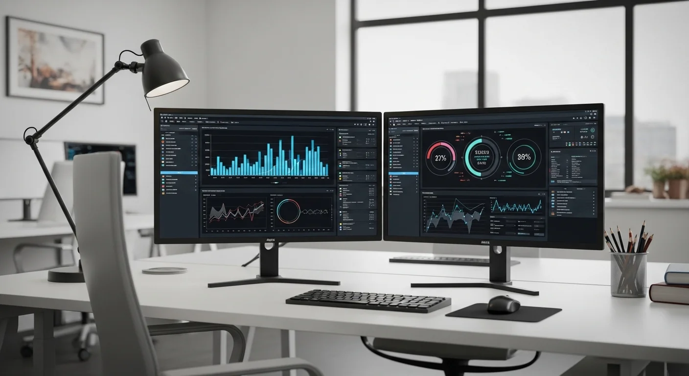 Escritorio de oficina moderno con una configuración de computadora de monitor dual mostrando gráficos y datos, reflejando la productividad de la tecnología dual.
