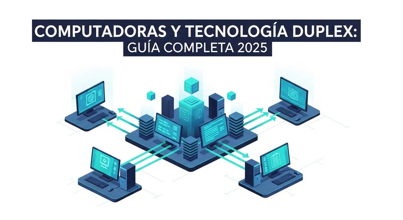 Diagrama conceptual de la tecnología duplex mostrando computadoras conectadas en una red con flujos de datos bidireccionales.