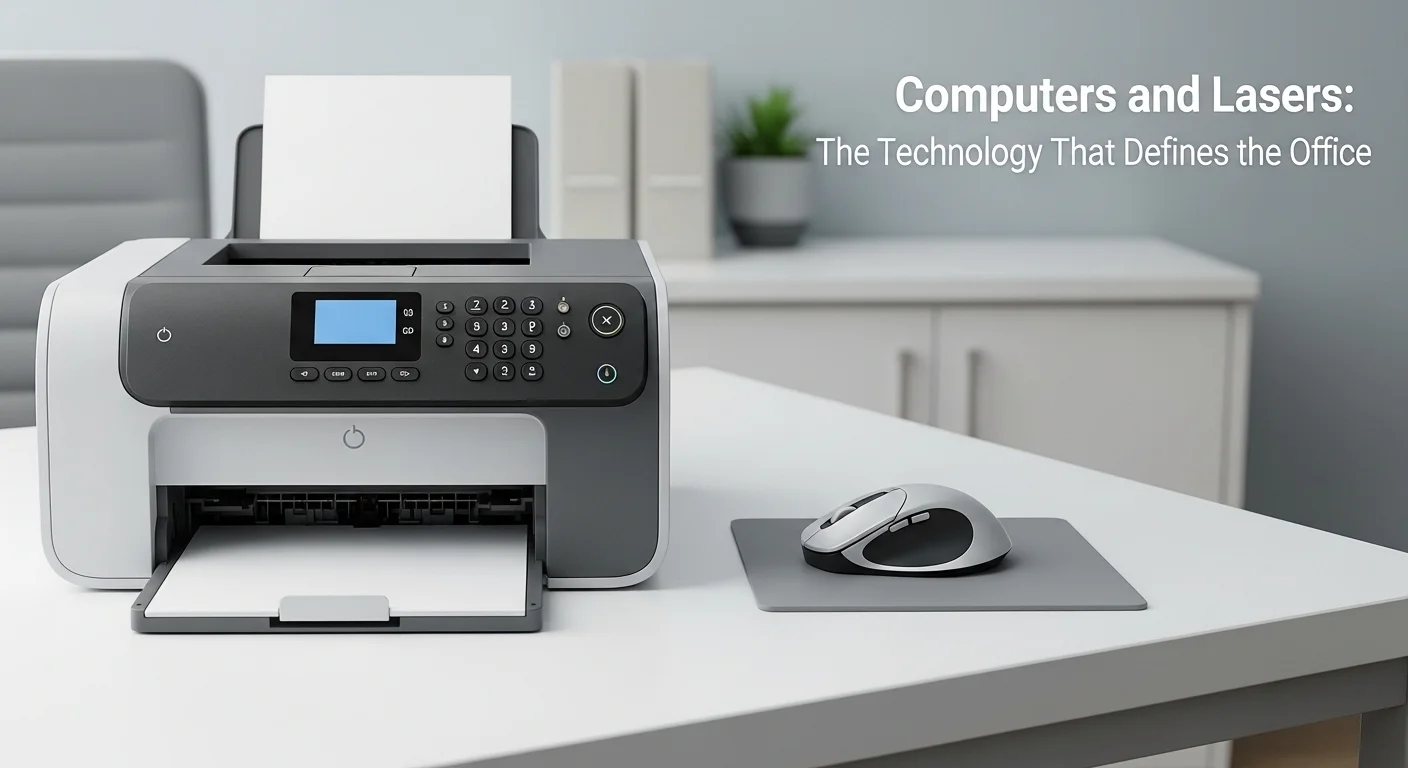 Una impresora láser moderna y un mouse láser sobre un escritorio, simbolizando la conexión entre computadoras, precisión y tecnología de oficina