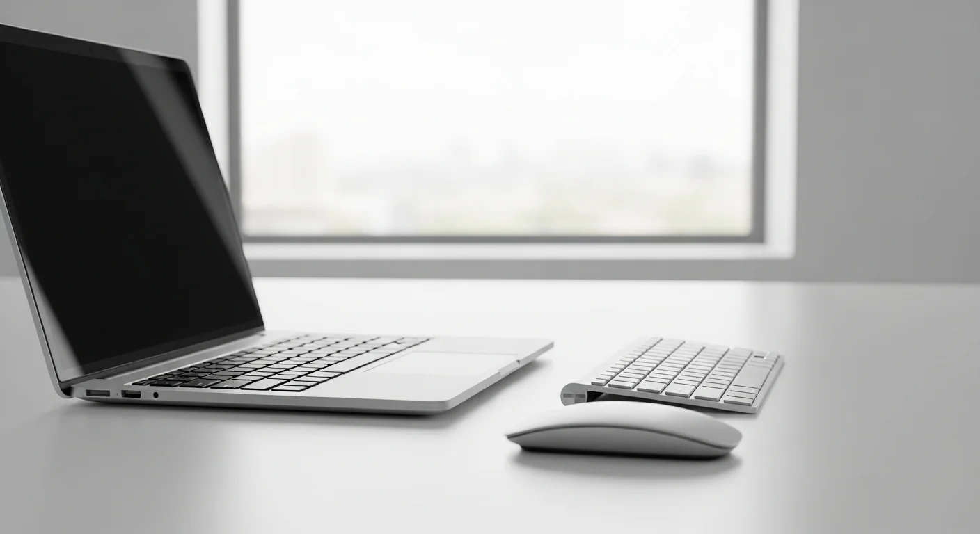 Escritorio moderno con una laptop, un ratón y un teclado inalámbricos, simbolizando el futuro de las computadoras y la tecnología wireless.