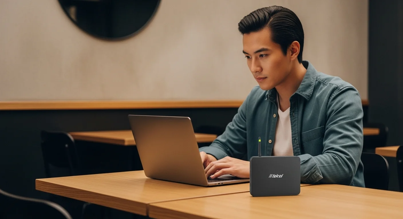 Una persona trabajando en su laptop en una cafetería, con un Telcel Modem portátil sobre la mesa proveyendo conexión a internet, simbolizando la oficina móvil y la conectividad para computadoras.