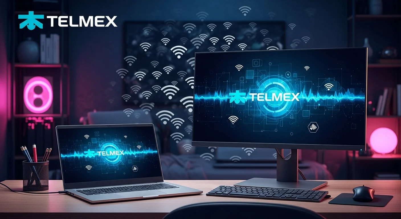 Una oficina en casa moderna con una laptop y un monitor mostrando gráficos, con el logo de Telmex y símbolos de WiFi en el fondo.