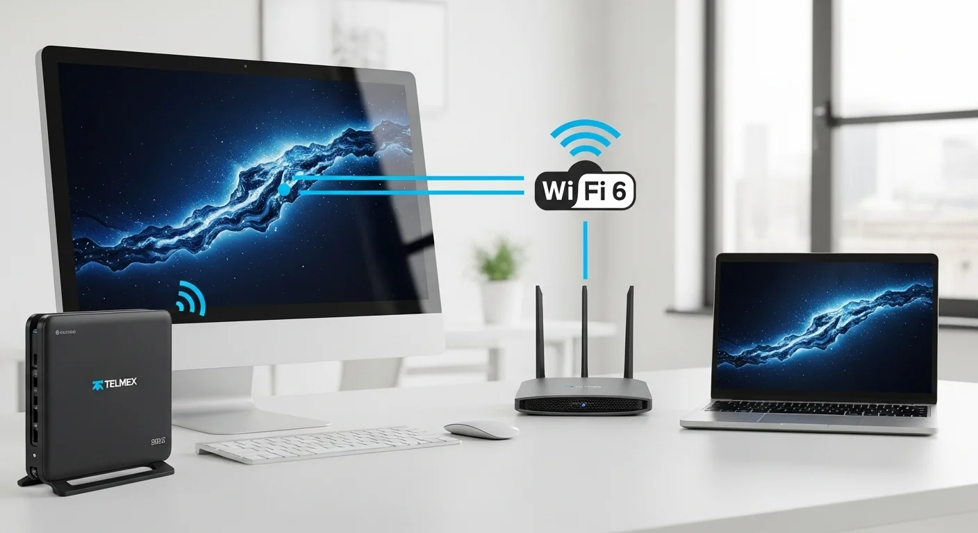 Una computadora de escritorio y una laptop en una oficina moderna, conectadas a un router Wi-Fi 6 de alto rendimiento junto a un módem Telmex.