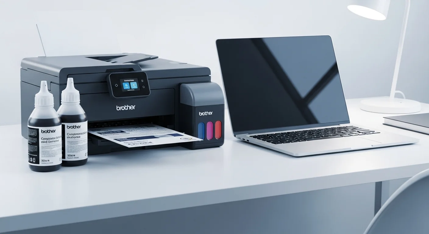 Botellas de tinta Brother junto a una impresora de tinta continua y una computadora laptop en un escritorio de oficina moderno.