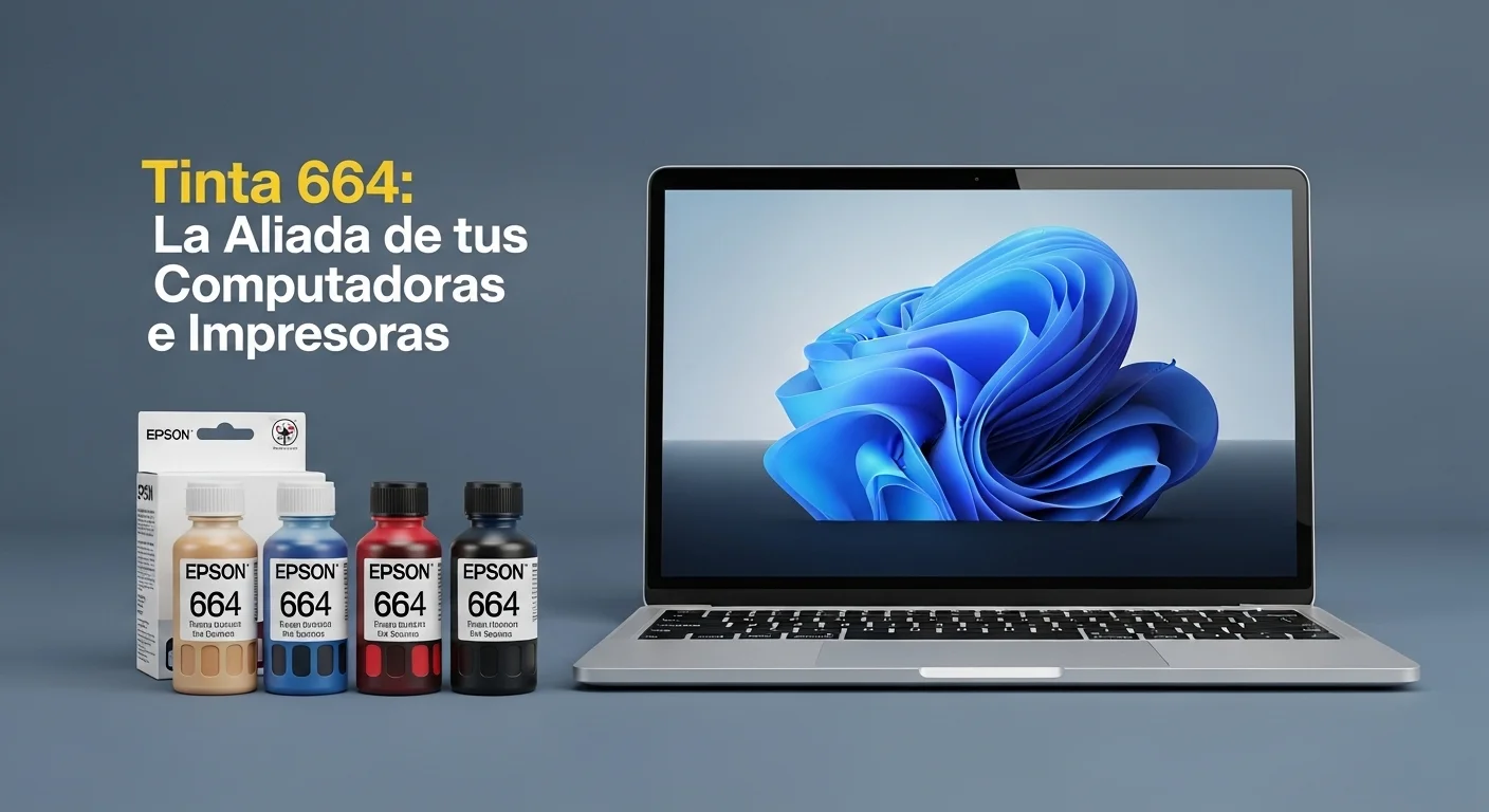Botellas de tinta Epson 664 de colores junto a una laptop moderna, representando la conexión entre computadoras e impresión de alta calidad.