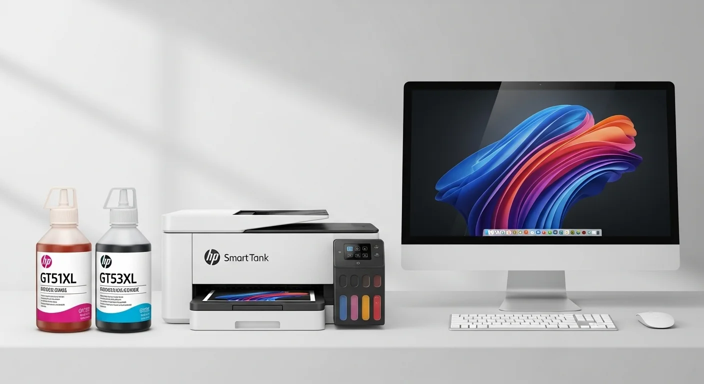 Botellas de tinta HP GT51XL y GT53XL junto a una impresora HP Smart Tank y una computadora de escritorio moderna.