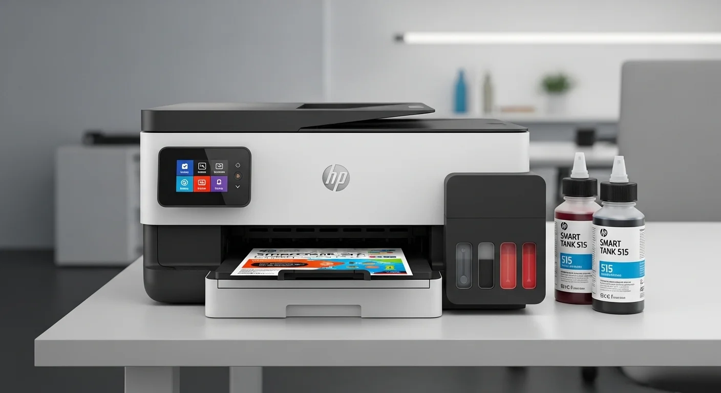 Botellas de tinta HP Smart Tank 515 junto a la impresora, destacando el sistema de recarga fácil y el alto rendimiento para computadoras y oficinas.