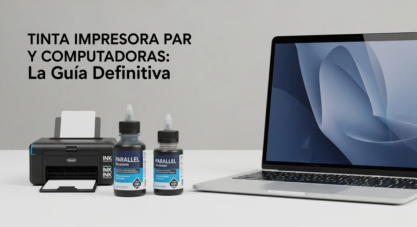 Botellas de Tinta Impresora Par junto a una laptop, representando la conexión entre computadoras y consumibles de impresión.