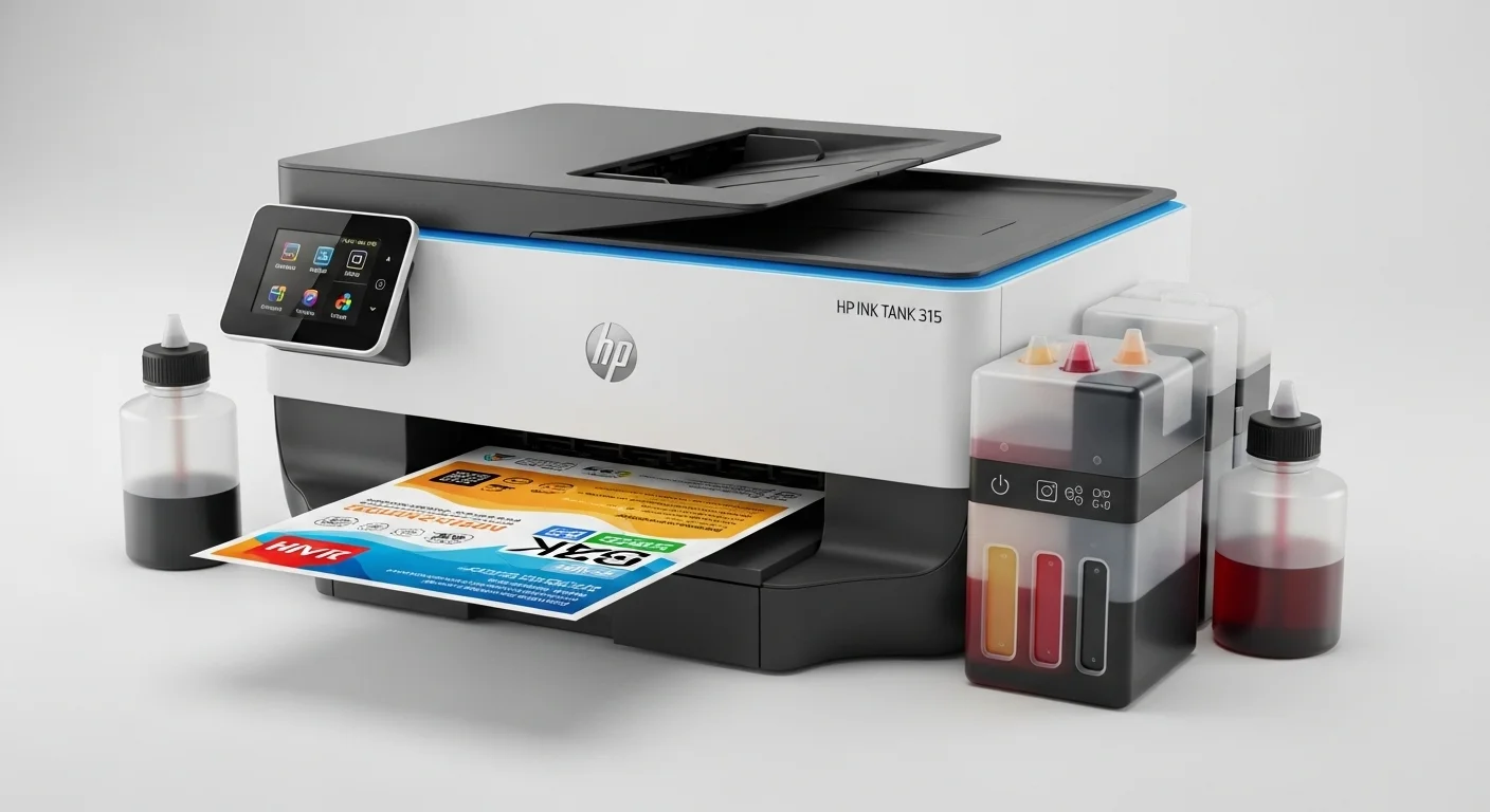 Botellas de tinta para impresora HP Ink Tank 315 junto a una impresora multifuncional HP Ink Tank 315, destacando el sistema de recarga económica.