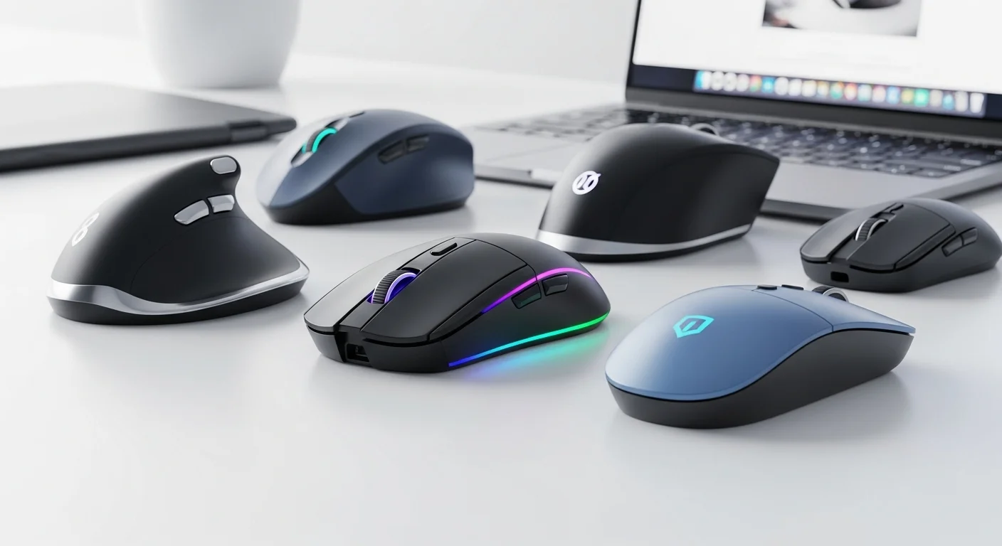 Una variedad de diferentes tipos de mouse, incluyendo un mouse ergonómico, un mouse gamer con luces RGB y un moderno mouse USB tipo c, sobre un escritorio tecnológico junto a una laptop.