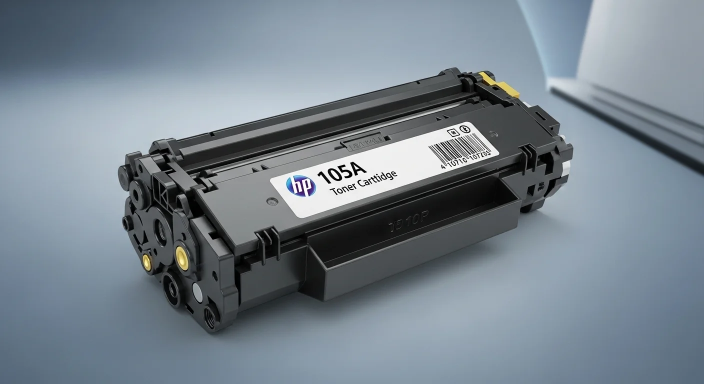 Primer plano del cartucho de toner para impresora hp 107w, modelo HP 105A, esencial para el funcionamiento del equipo.