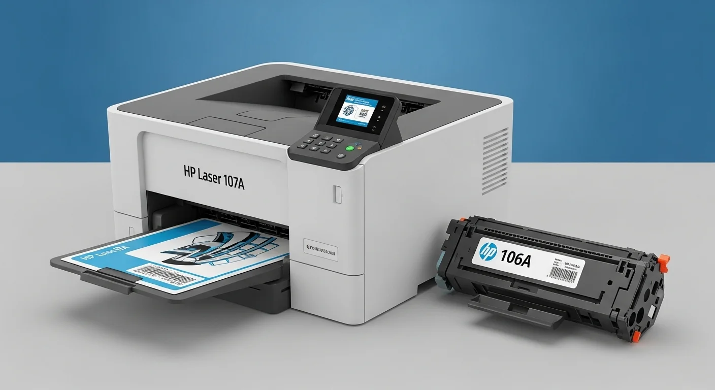 Cartucho de tóner HP 106A junto a una impresora HP Laser 107a, mostrando los consumibles clave para el equipo.
