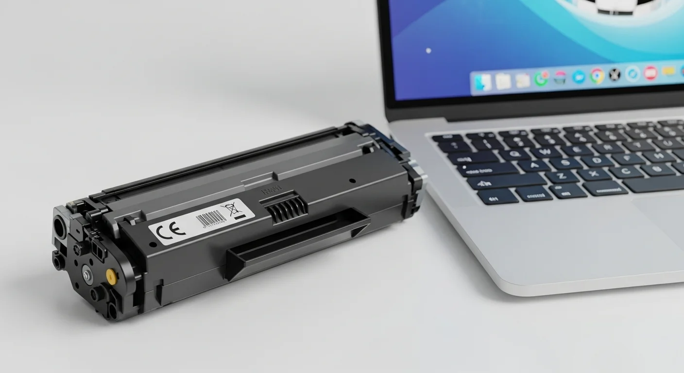 Primer plano de un cartucho de toner para impresora láser junto a una laptop, representando la conexión con las computadoras.