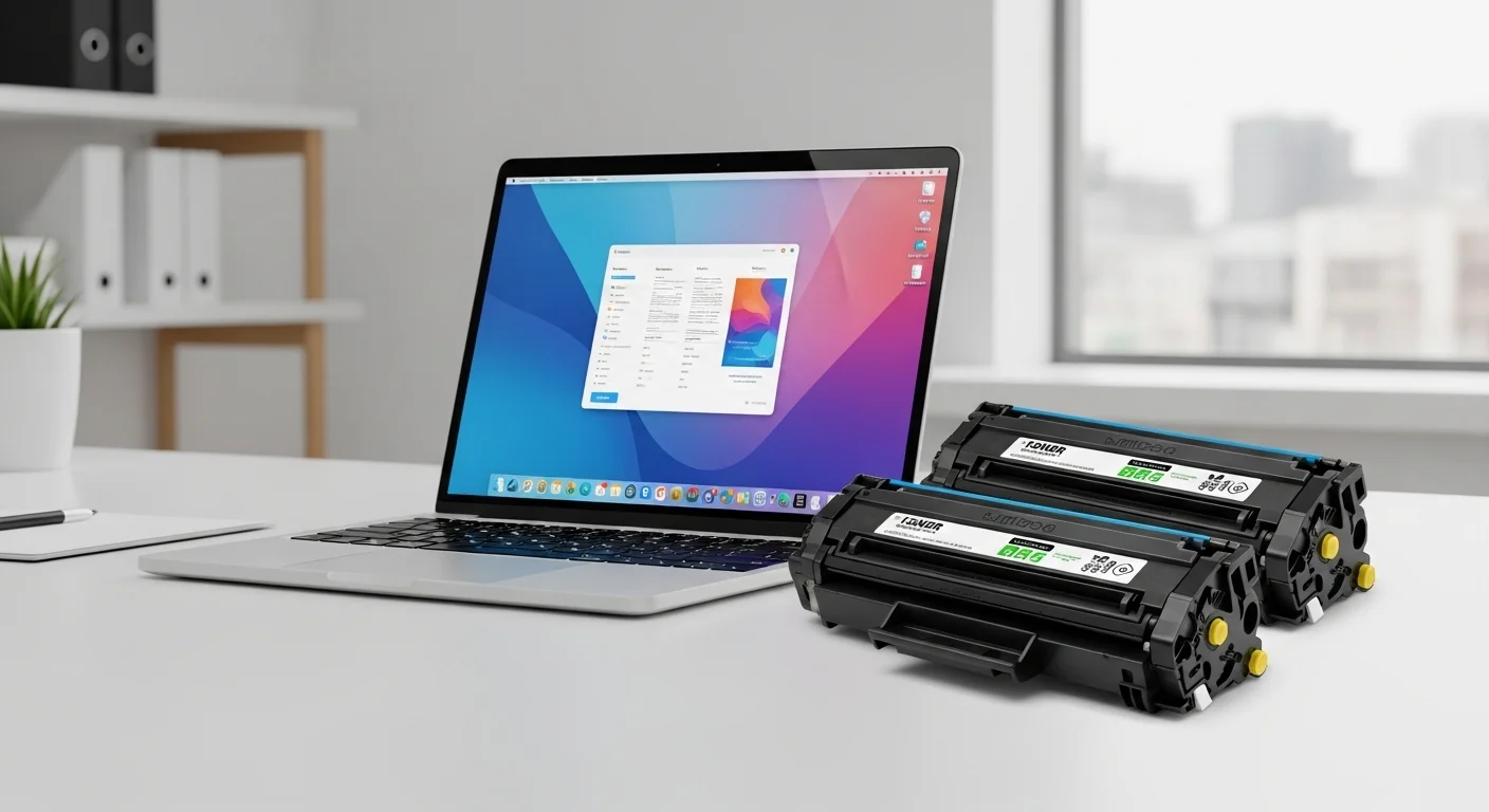 Un par de cartuchos de tóner para impresora láser junto a una laptop, representando la sinergia entre computadoras y consumibles de oficina.