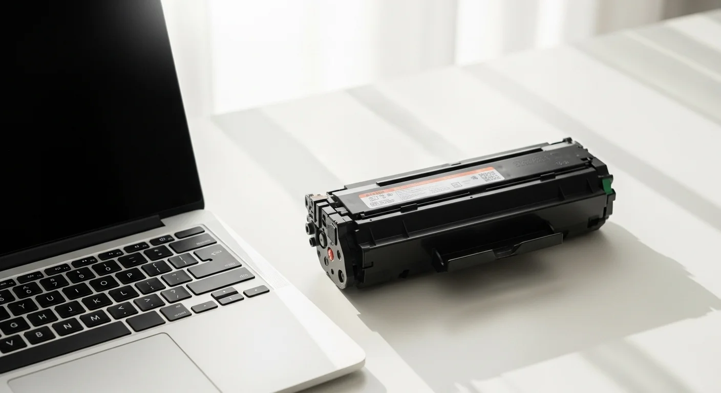 Cartucho de toner laser junto a una laptop, simbolizando la conexión entre computadoras y consumibles de impresión.
