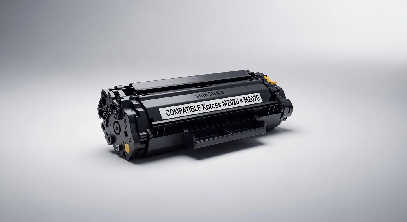 Un cartucho de tóner compatible con la impresora Samsung Xpress M2020 y M2070, mostrando el consumible clave para el funcionamiento de las computadoras.