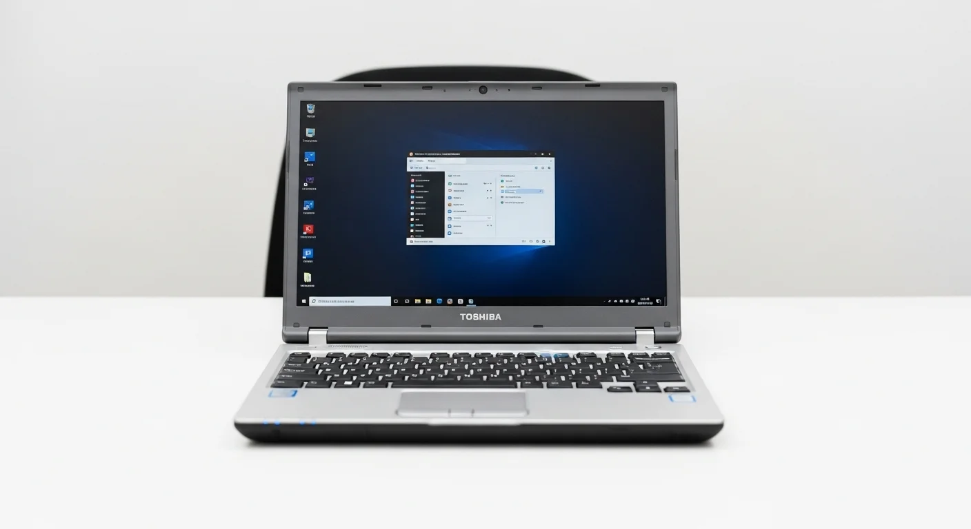 Una computadora laptop Toshiba Satellite clásica sobre un escritorio de oficina, simbolizando la tecnología duradera