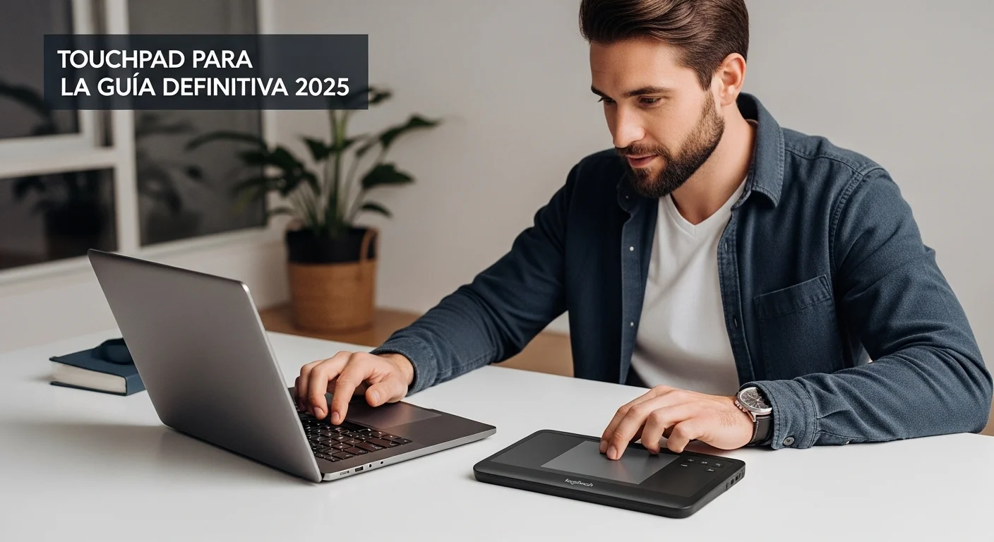 Una persona utilizando el touchpad de una laptop moderna junto a un touchpad externo Logitech sobre un escritorio de oficina, ilustrando el tema de touchpads para computadoras.